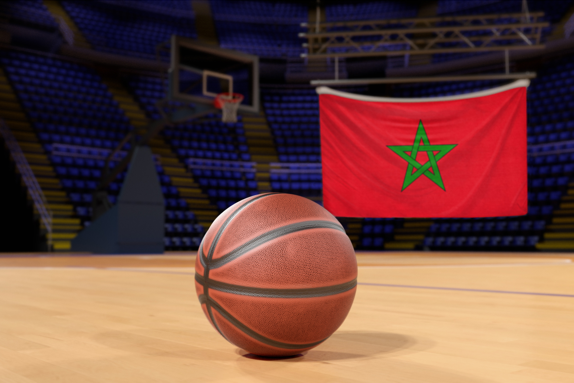 Morocco flag and basketball on Court Floor